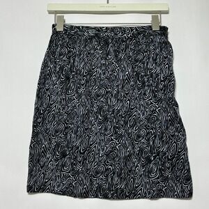 VTG Nora Noh Silk Skirt Womens 6 Black Silver Abstract Swirl Print Mob Wife Chic